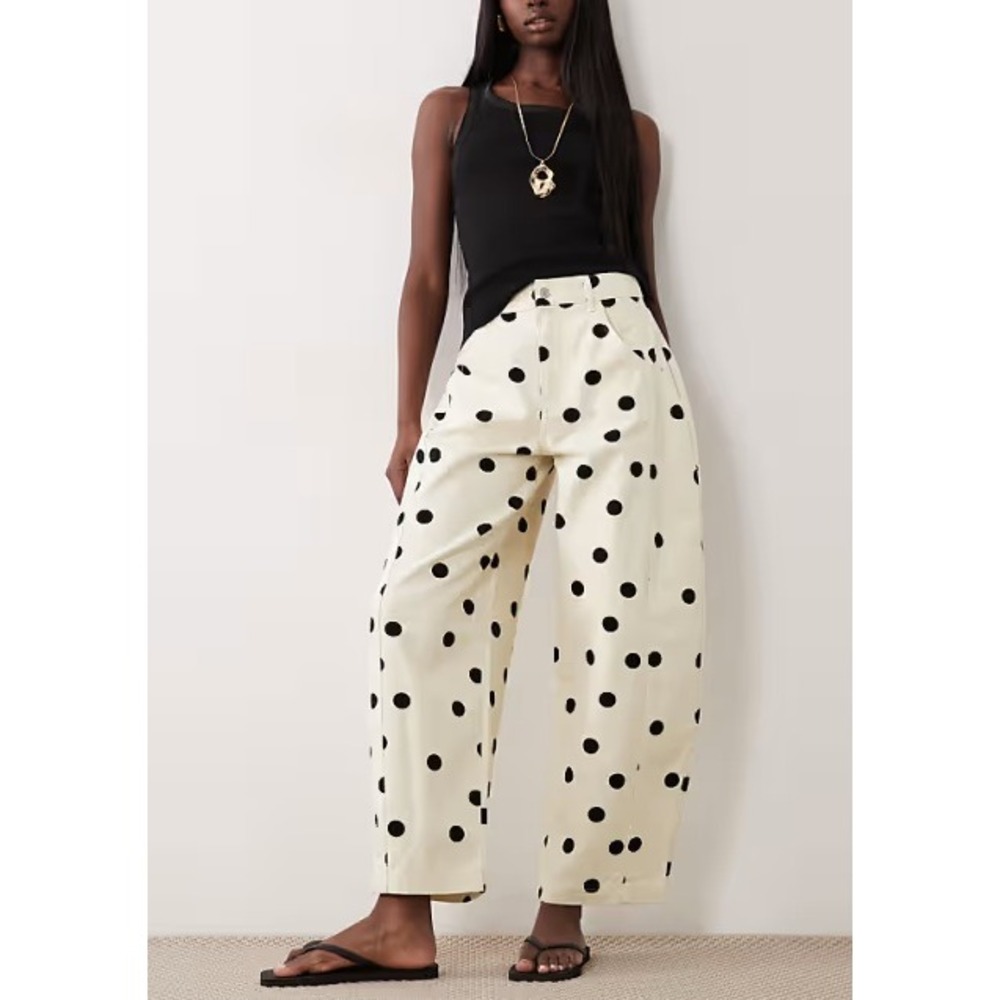 ASOS DESIGN Polka Dot Barrel Leg Jeans Cream Black US 8 Cotton Non-Stretch Denim